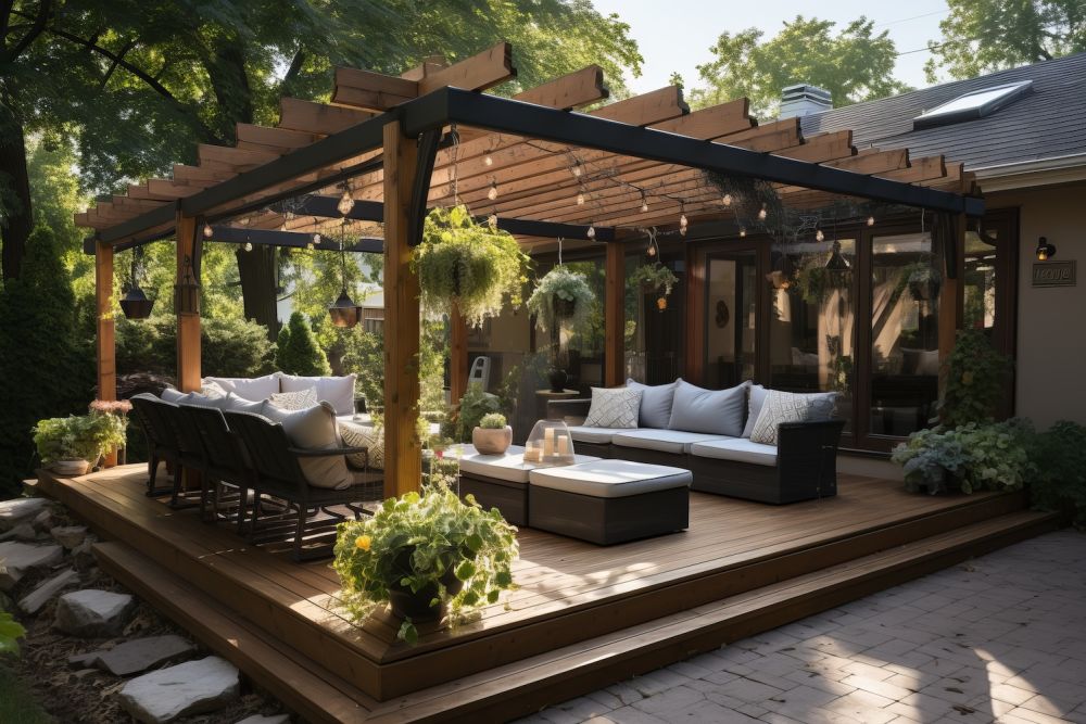 Modern patio with pergola, cozy seating, plants, and ambient lighting in a lush garden setting.